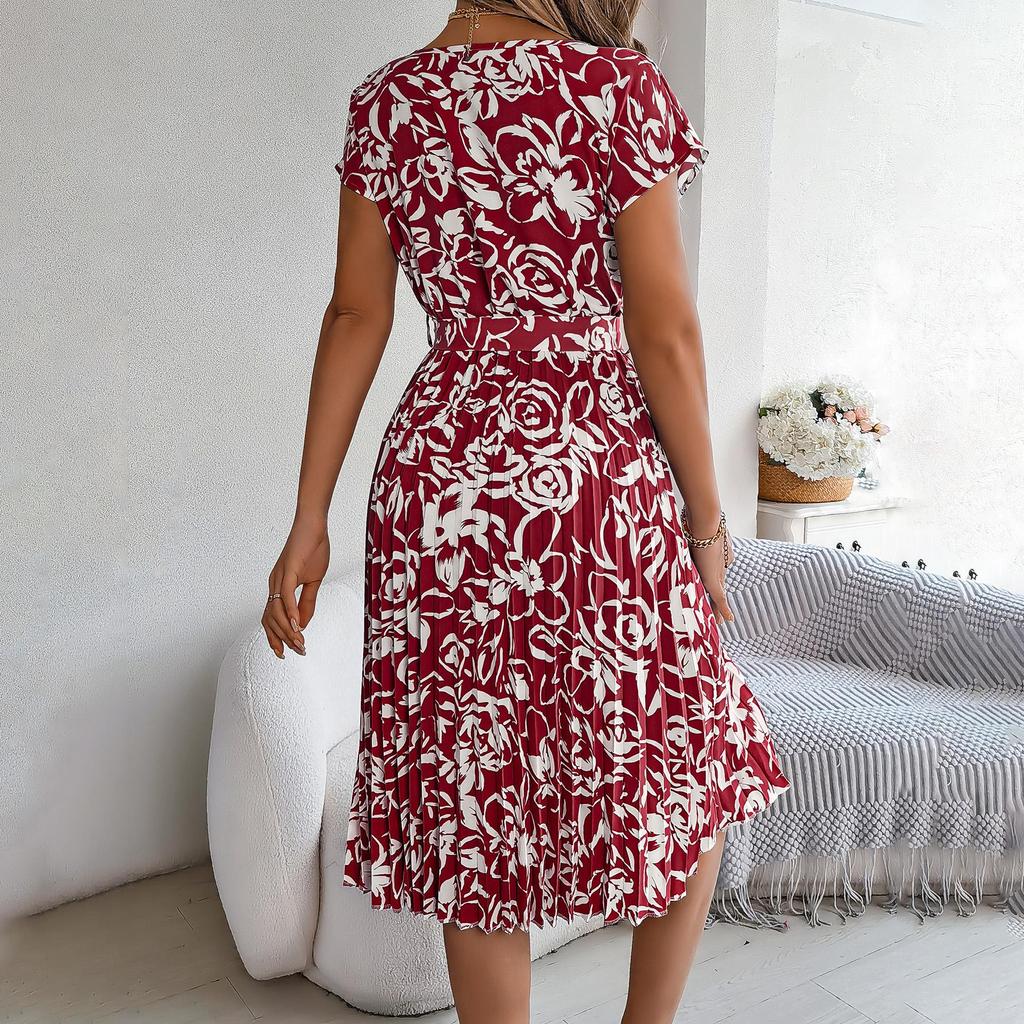 Fashion Spring Summer Women Short Sleeve Floral Pleated High Waist A Line Long Dress Colorful Soft Comfortable Casual Women's Ourdoor
