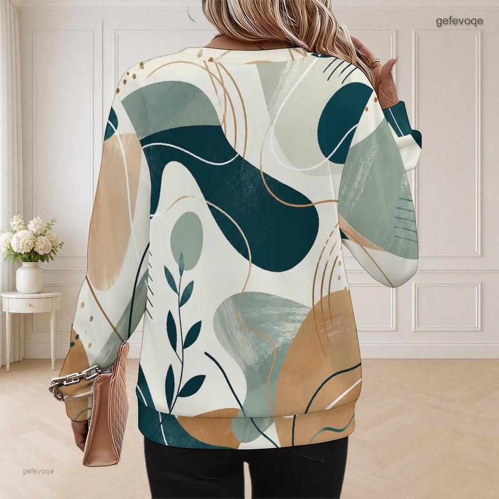 Women Plus Size Round Neck Long Sleeve Green Beige Abstract Printed Sweatshirt Ribbed Cuffs Pullover