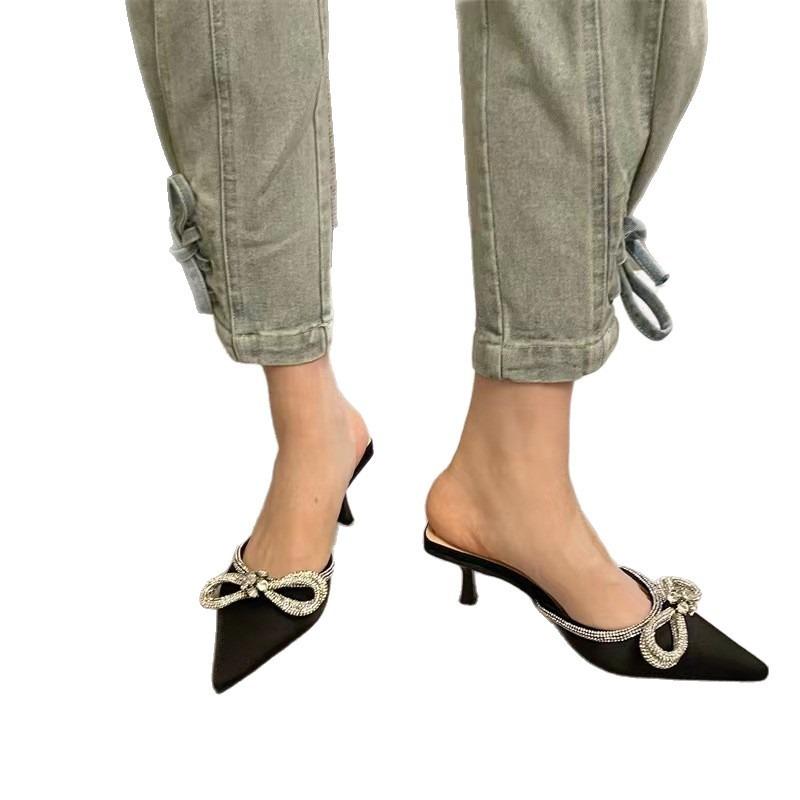 Summer new rhinestone bow pointed head bag head empty thin heel high heel large size catwalk slippers women