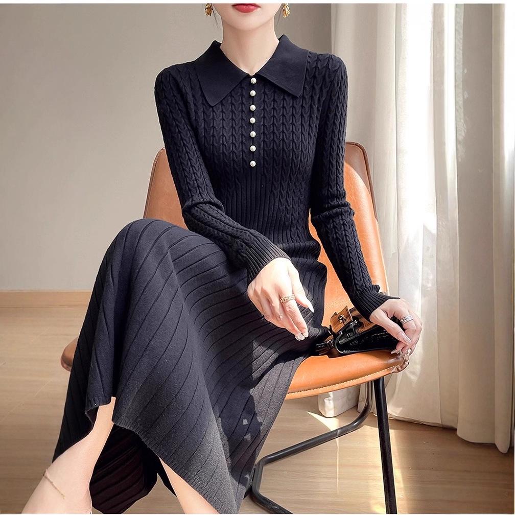 

2025 Slimming A-line Sweater Dress: Autumn/Winter Long Sleeve Warm Knitted Waist-cinching Outfit Small чорний