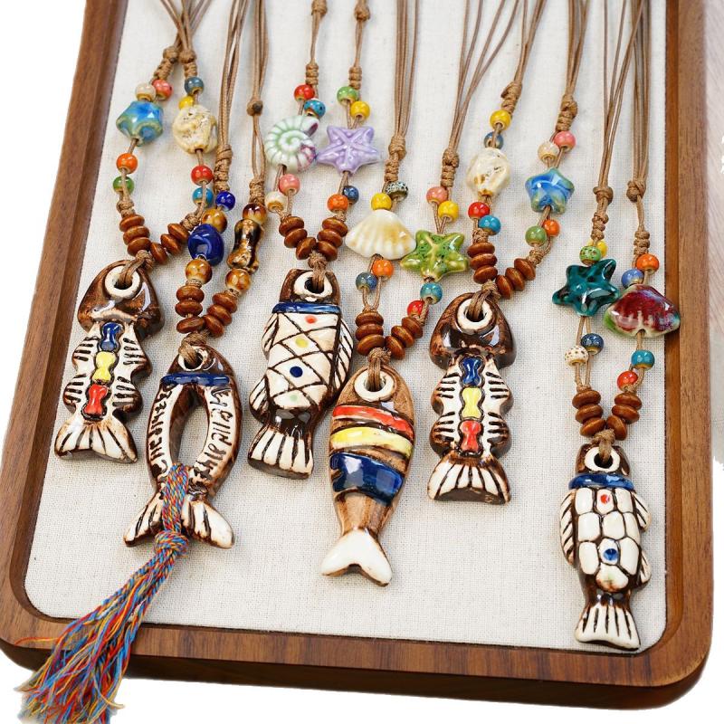 Ethnischer Stil Keramikfisch Halskette für Damen Mädchen Chinesischer Stil Keramikperlen Lange Pulloverkette Modeschmuck Zubehör Geschenk
