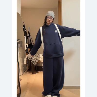 Spring and Autumn Loose Plus Velvet Thick Hooded Sweater Suit Women's Fashion All-match Casual Sports Two-piece Suit