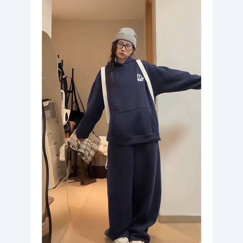 Spring and Autumn Loose Plus Velvet Thick Hooded Sweater Suit Women's Fashion All-match Casual Sports Two-piece Suit