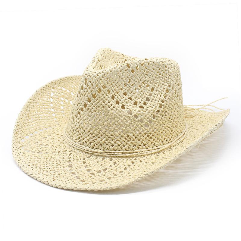 Vintage Hollow Adjustable Breathable Panama Straw Western Cowboy UV Protection Sun Hat for Summer Beach