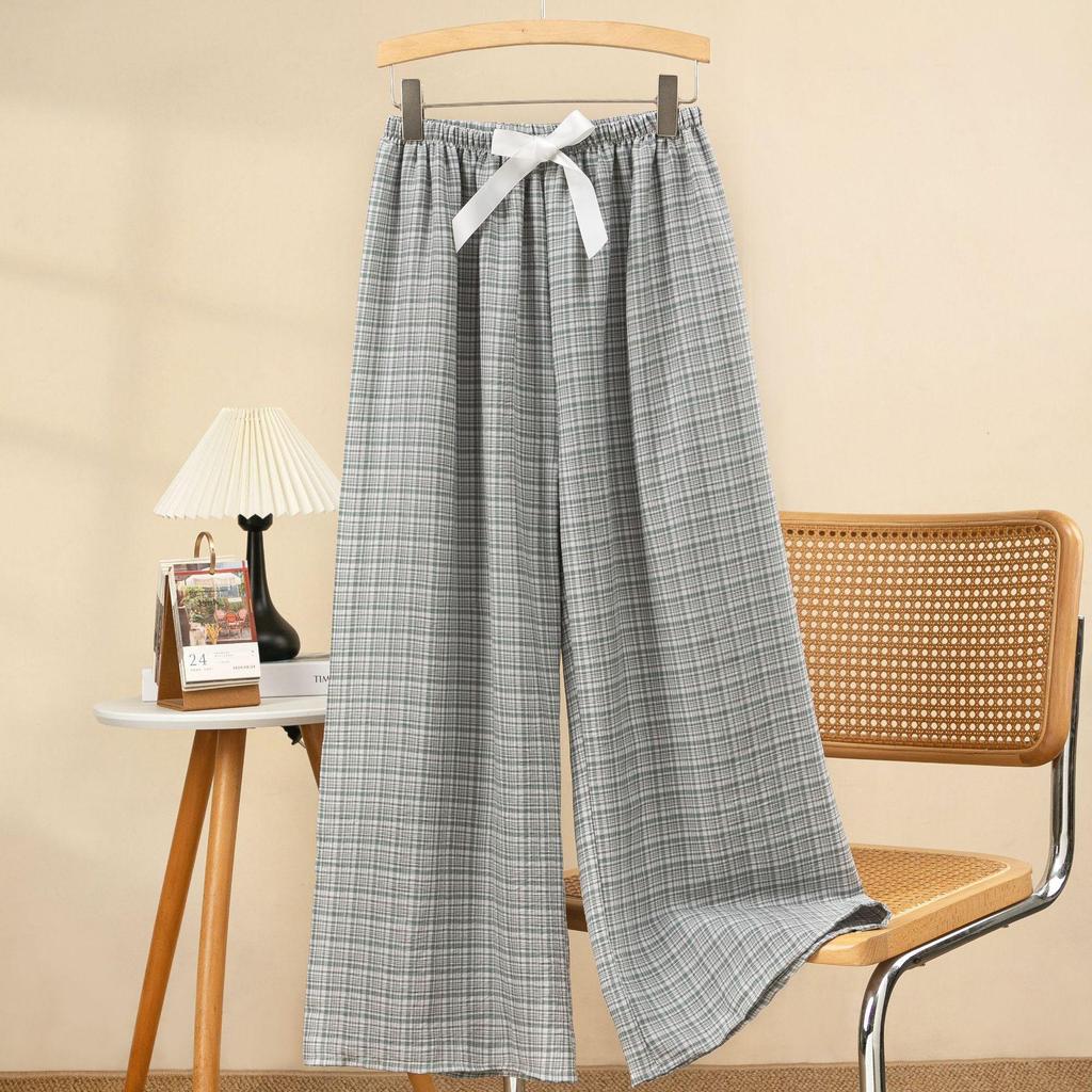Women's Cloud Cotton Plaid Pajama Pants - Summer Casual Wide-Leg, Lightweight, Outdoor-Friendly, Yarn-Dyed, Long Style