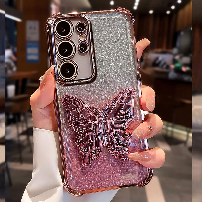 3D Holder Glitter Case For Samsung Galaxy A56 A36 A26 S25 Edge S24 FE S23 S22 Plus S21 S20 Ultra Shockproof Back Cover