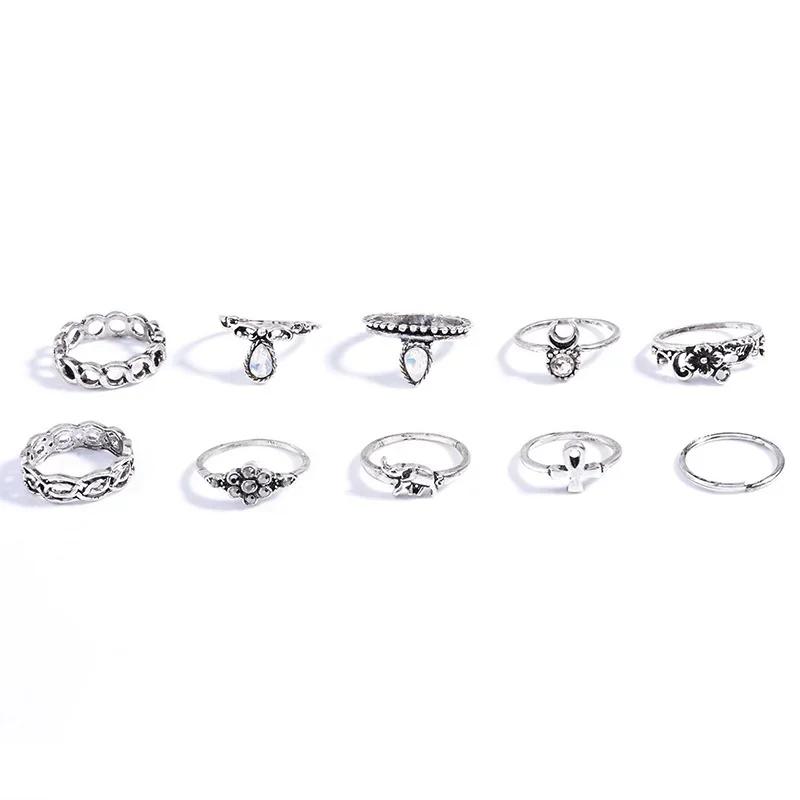 Retro Creative Fashion Gifts 10Pcs Set Gold Boho Fashion Arrow Moon Finger Knuckle Rings Jewelry Opal Ring Jewelry Accessories