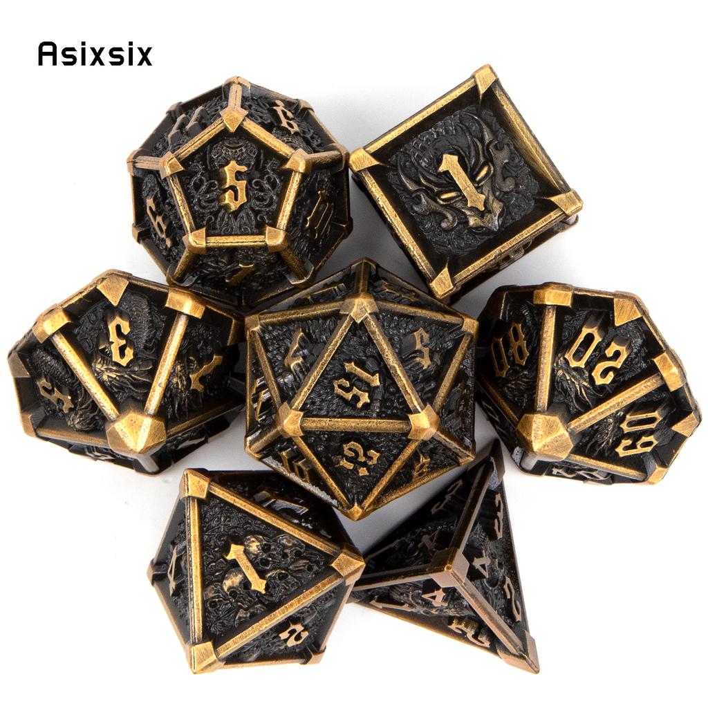 7 Pcs Black Yellow Skull Metal Dice Solid Metal Polyhedral Dice Set Suitable for Role-Playing RPG Board Game Card Game