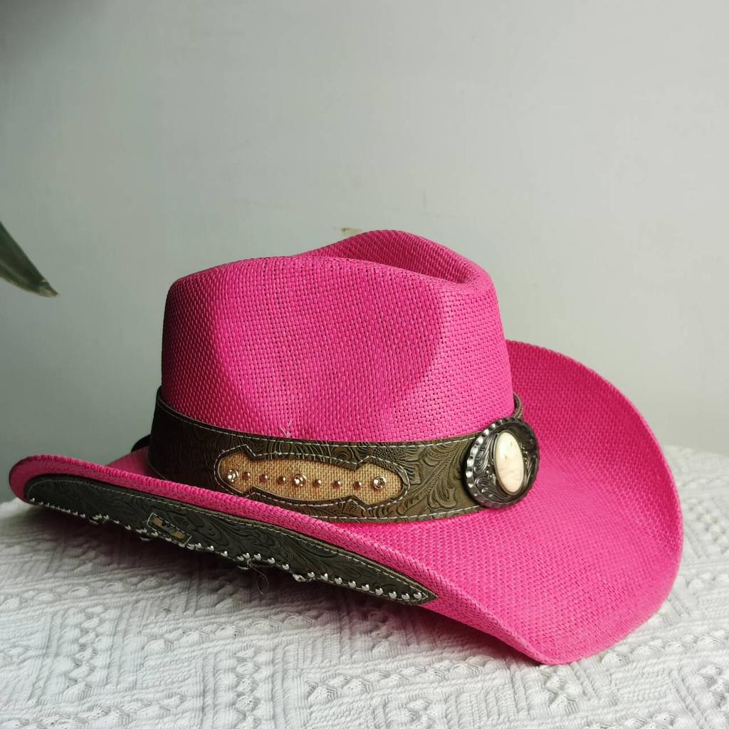 Melesh Western Cowboy Hat Summer Women's Straw Cowboy Hat Pearl Accessories Wide Brim Sun Protection Beach Western Cowboy Hat
