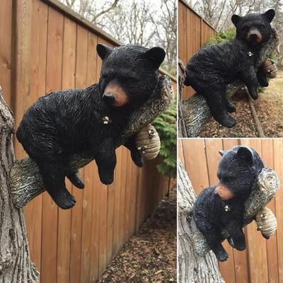 Cute Black Bear Cub Tree Branch Garden Statue Decor