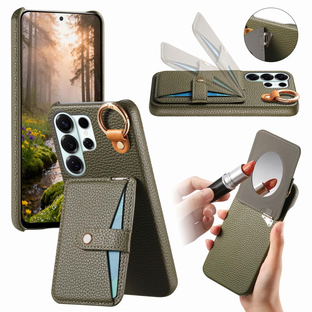 Card Solt Ring  Holder Leather Case For Samsung S26 Ultra S25 S24 Plus S23 S22 A17 A07 with Makeup Mirror Shockproof Stand Cover
