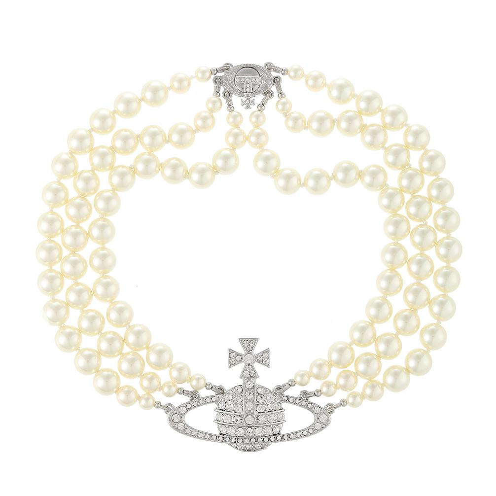 Three-layer Pearl Necklace Queen Mother West Full Diamond Saturn Collarbone Chain Light Luxury Simple Versatile High-end Necklace