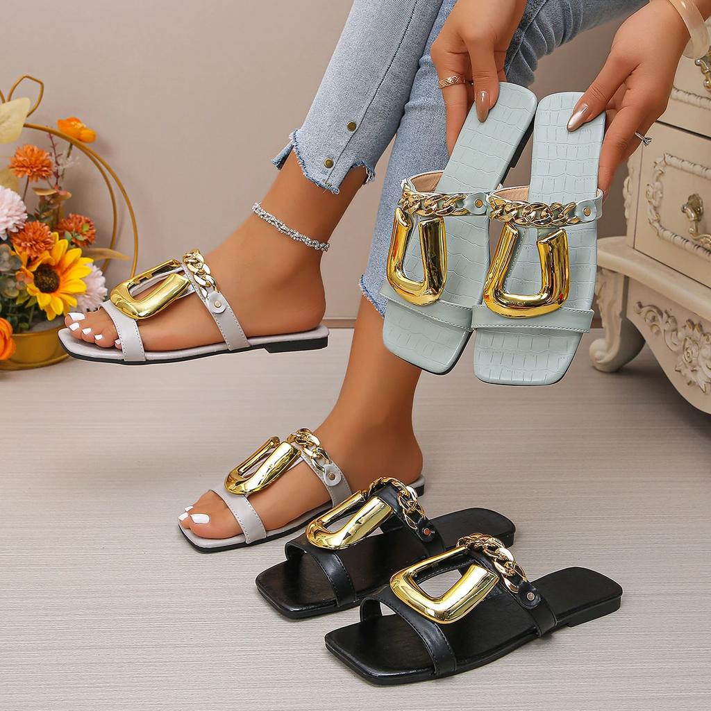Fashion Women Slippers New Square Toe Open-toe Shoes Clip-toe Flat Metal Buckle Sandals Solid Color Versatile Slippers Slides Women