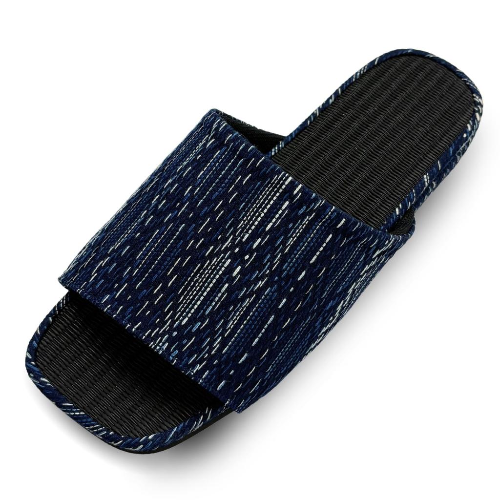 Edoten Room Made in Japan with Misugi Black Charcoal Tatami Open EVA Enshu Indigo Sashiko Sashiko Rain Kasuri Pattern Large Size LL Men's Slippers,