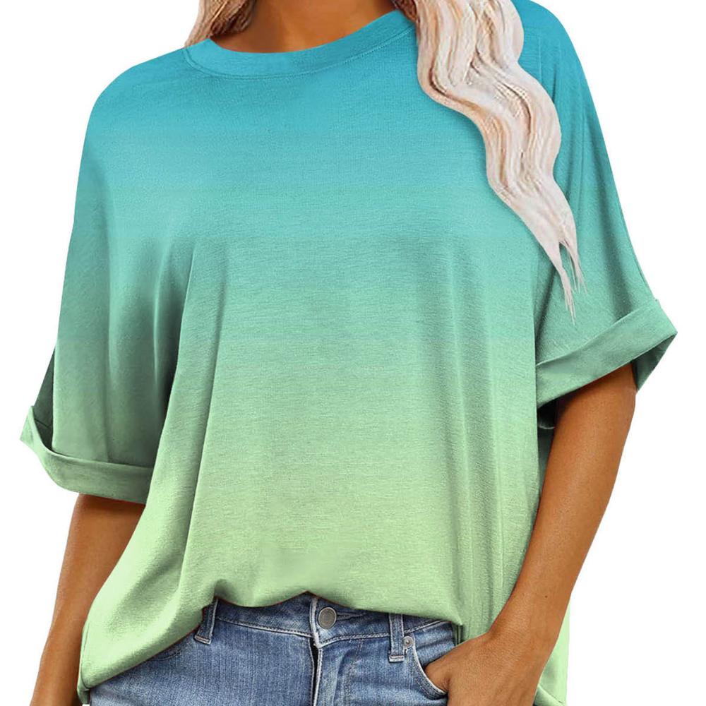 

Полосатый градуированный принт с круглым вырезом и коротким рукавом для женщин, летняя повседневная свободная модная футболка-пуловер для работы, отдыха, дышащий легкий топ Compy 2XL