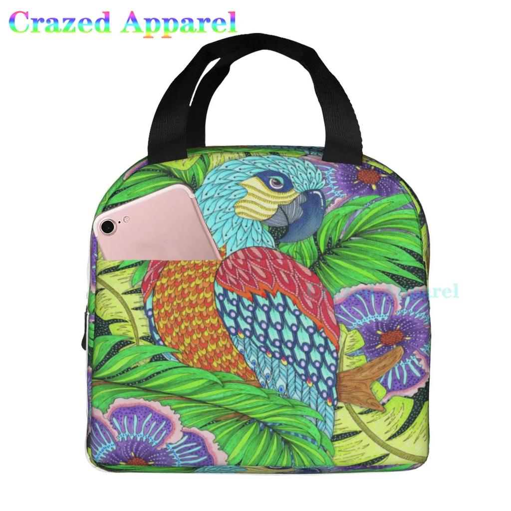 Painted Parrots Birds Plam Tree Oxford Cloth Lunch Bag Tote Lunch Box Reusable Cooler Organizer Bag For Unisex Fishing Picnic