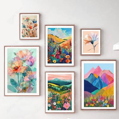Mountain Flowers Colorful Nature Landscape Posters Wall Art Canvas Painting Nordic Room Decor Abstract Illustration Distant