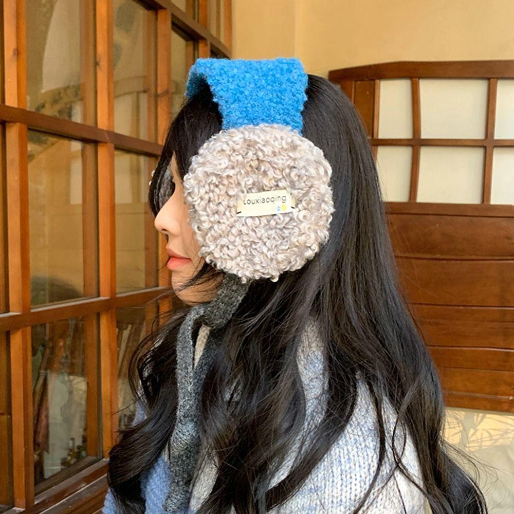 Rolled Plush Earmuffs Color Matching Ear Protection Fashion Lace-up Pullover Hat Winter Outdoor