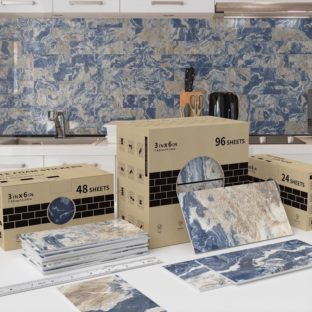 Marble-Style Waterproof Foam Wall Tile Stickers for Bathroom and Kitchen