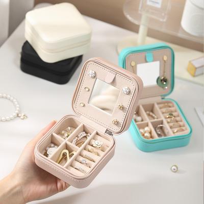Travel Jewelry Case With Mirror Necklace Earrings Ring Organizer Display Boxes Pu Leather Zipper Jewelry Storage Box Portable