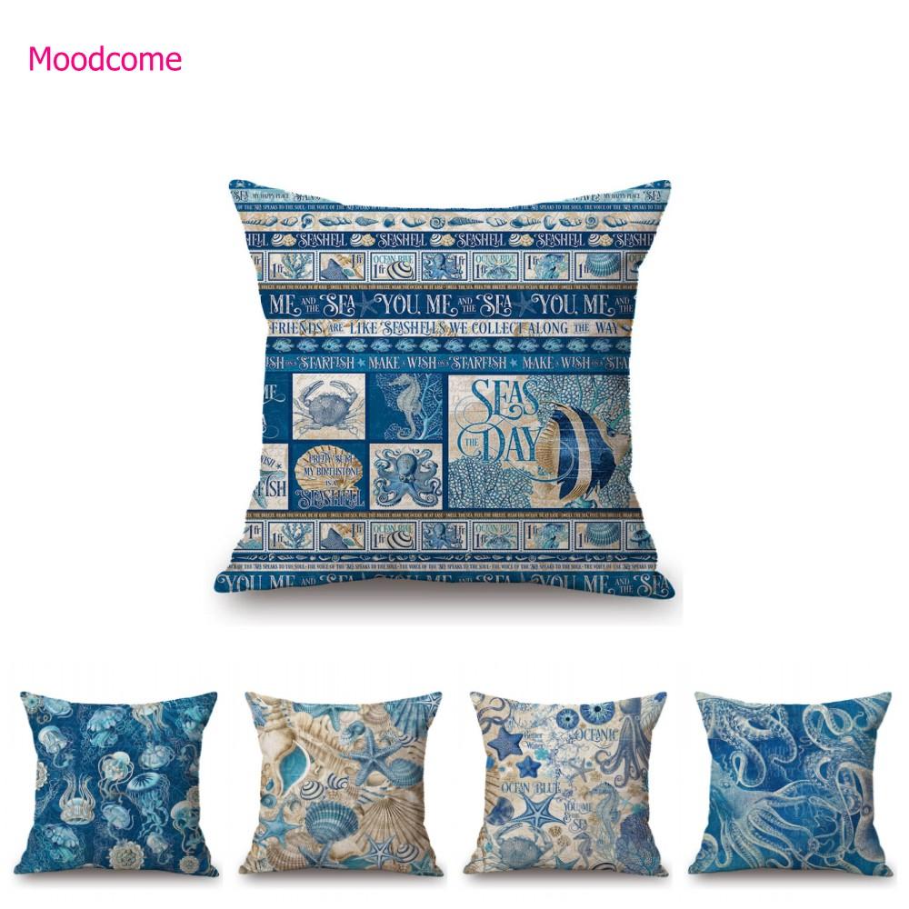 Ocean Blue Sea Life Marine Acquatics Jelly Fish Seashell Starfish Pattern Stylish Nordic Pillow Case Cotton Linen Cushion Cover