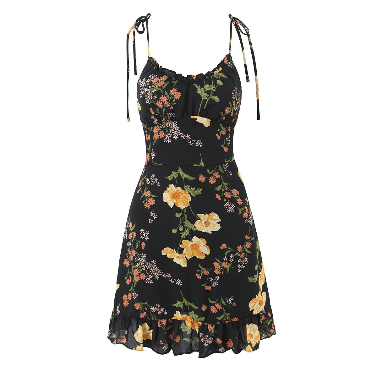 European and American style, new women s clothing, holiday style floral print fungus edge slim suspender dress S