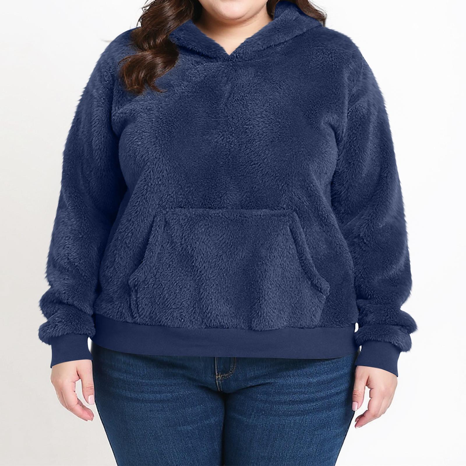 

Женская повседневная флисовая толстовка с капюшоном, однотонная, с длинным рукавом, большого размера XL тёмно-синий