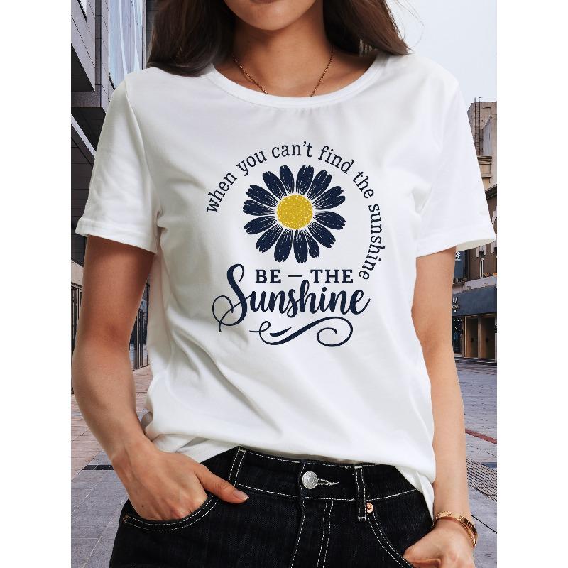 Sunshine Printed T-Shirts, Patterned Printed Round-Neck T-Shirts, Round-Neck Short-Sleeved T-Shirts, Round-Neck Tops, Casual Short-Sleeved T-Shirts S