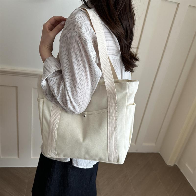 Women Solid Color Large Capacity Casual Tote Bag Korean Style College Student Shoulder Bag
