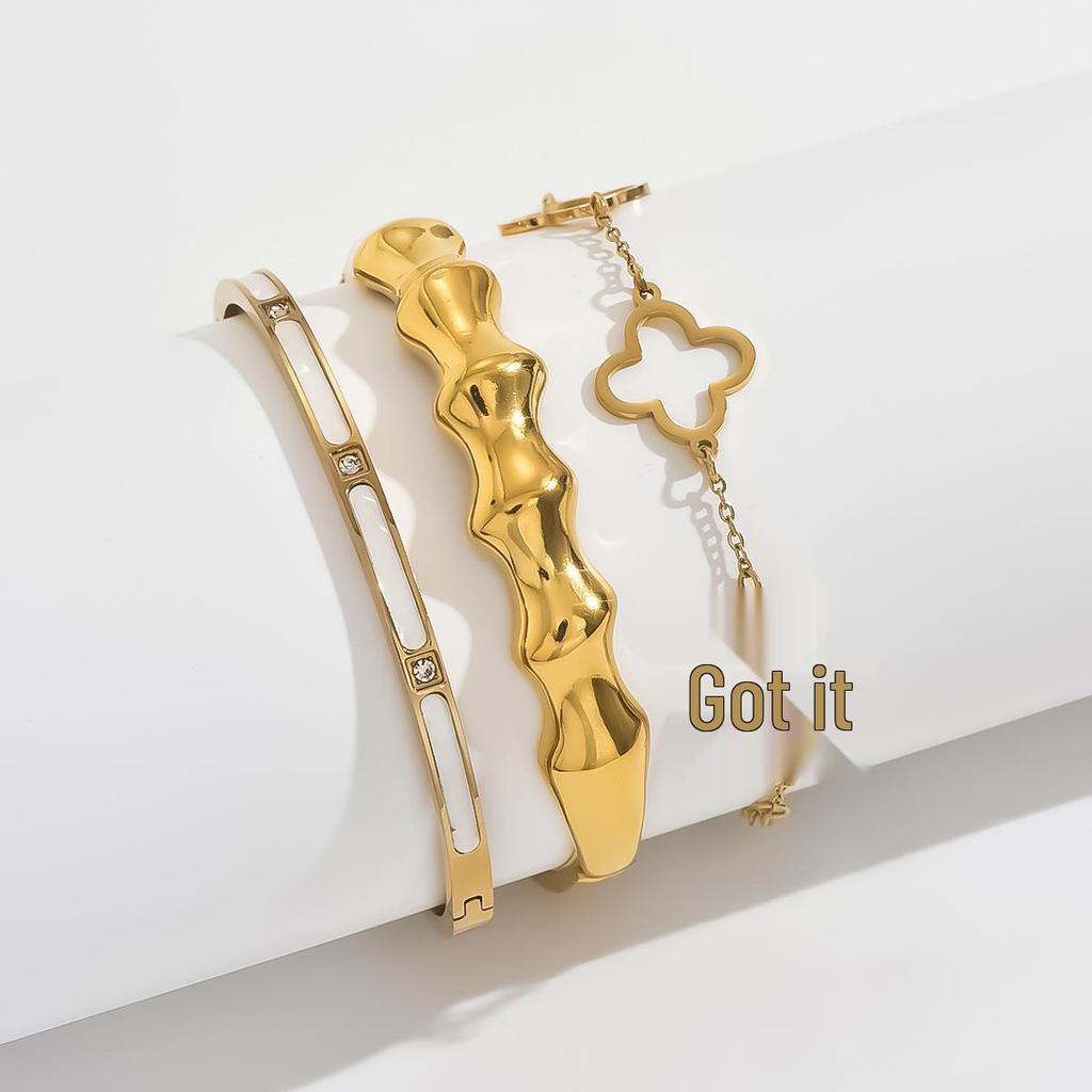 European & American Gold Stainless Steel Bracelet Set: Nail & Four-Leaf Clover Design