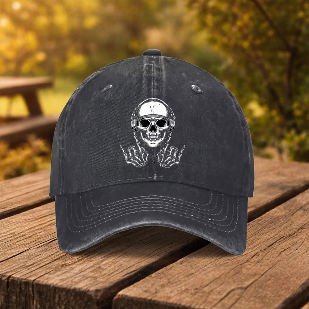 Skull Headphones Rock Baseball Cap Distressed Washed Cotton Adjustable Snapback Hat for Unisex