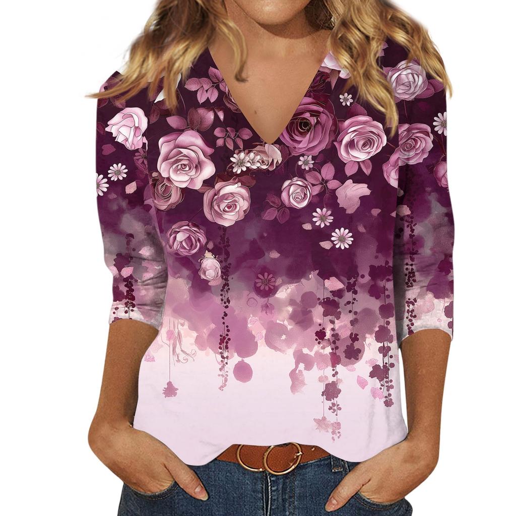Women'S Casual And Fashionable Flower Printing V-Neck Top With Seven Quarter Sleeves Women'S Summer Clothes Top Mujer