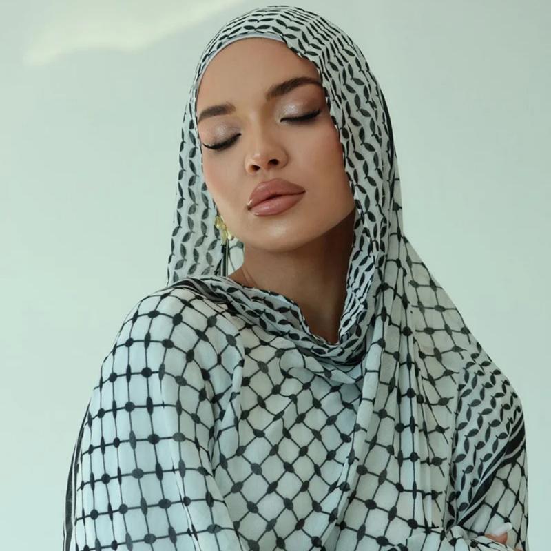 2Pcs Arab Chiffon Scarf Women Muslim Hijab Islamic Scarves Shawl Printed Arab Long Prayer Scarf Breathable Uae Plaid Long Scarf