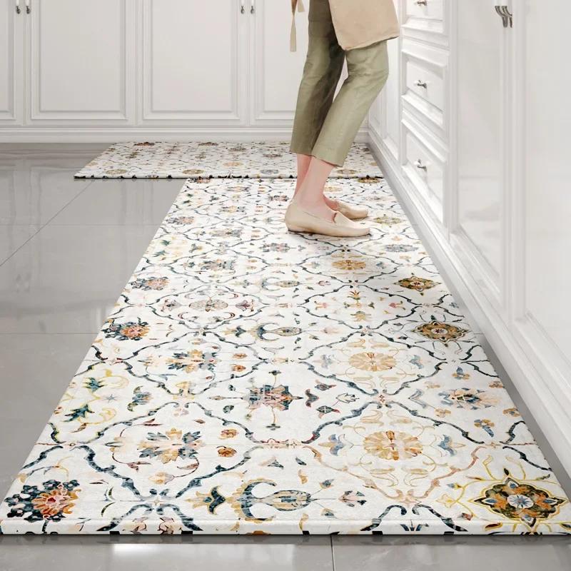 Bamboo Cotton Retro Kitchen Floor Mat Absorbs Water and Oil and Scrubbing Long Kitchen Rug Wear-resistant Non-slip Door Mat