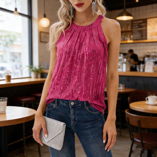 Women Vest Halter Neck Off Shoulder Sleeveless Tops Loose Fit Pure Color Sequin Decoration Party Tops Casual Daily Wear