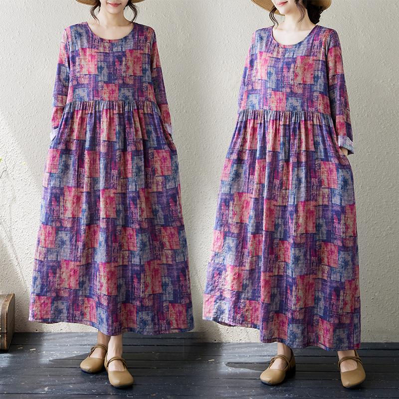 DIMANAF 2024 New Women Autumn Plus Size Dress Long Dress Long Sleeve Printing O-Neck Vintage Clothing Shirt Dress