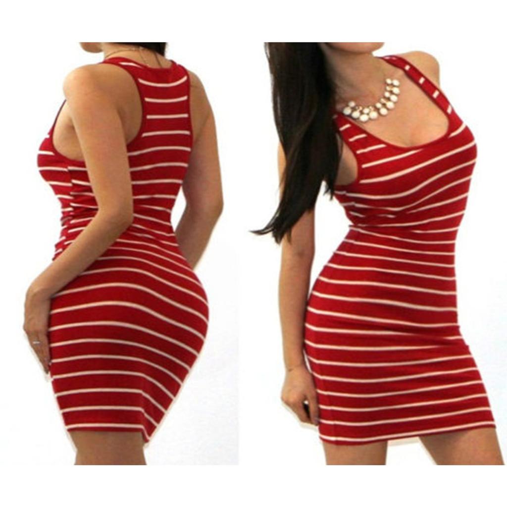Women's Round Neck Sleeveless Striped Tank Midi Dress Loose Waist Casual Bodycon Knit Dress