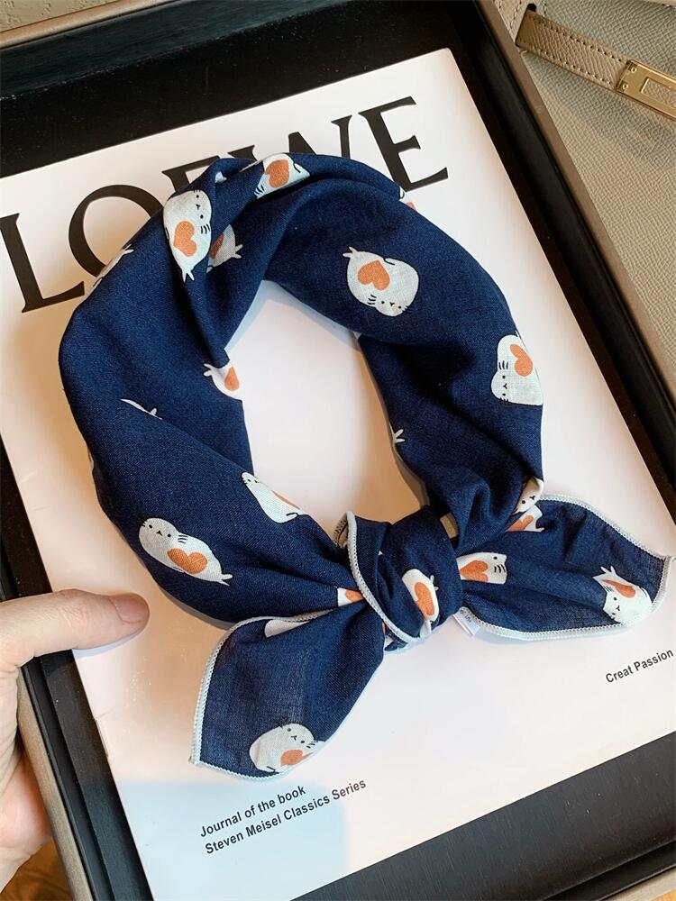 Japanese Harajuku Cotton Small Square Scarf New Korean Silk Scarf Headband Women's Spring and Autumn Floral Scarf Scarf Neck Protector Scarf