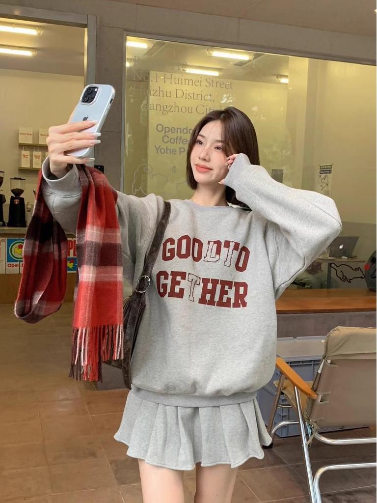 Korean College Style Color Block Letter Print Hoodie & Pleated Skirt Set for Women