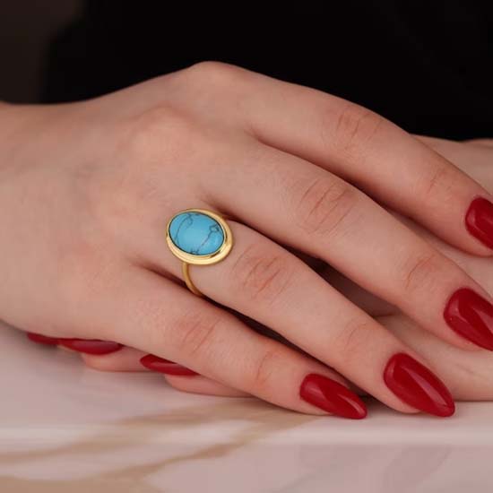 Tibetischer Türkis Ovaler Edelstein Ring, handgefertigter Designer Ring, Gelbgold Ring, Jubiläumsgeschenk, Ring, Partywear Ring, 925 Sterling Silber