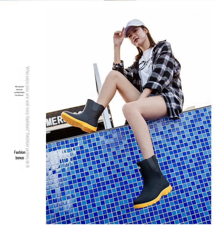 Unisex Mid-Calf Waterproof Rain Boots: Non-Slip, Wear-Resistant Rubber Shoes for Outdoor, Kitchen, Car Wash & Sports. Pull-On Style.
