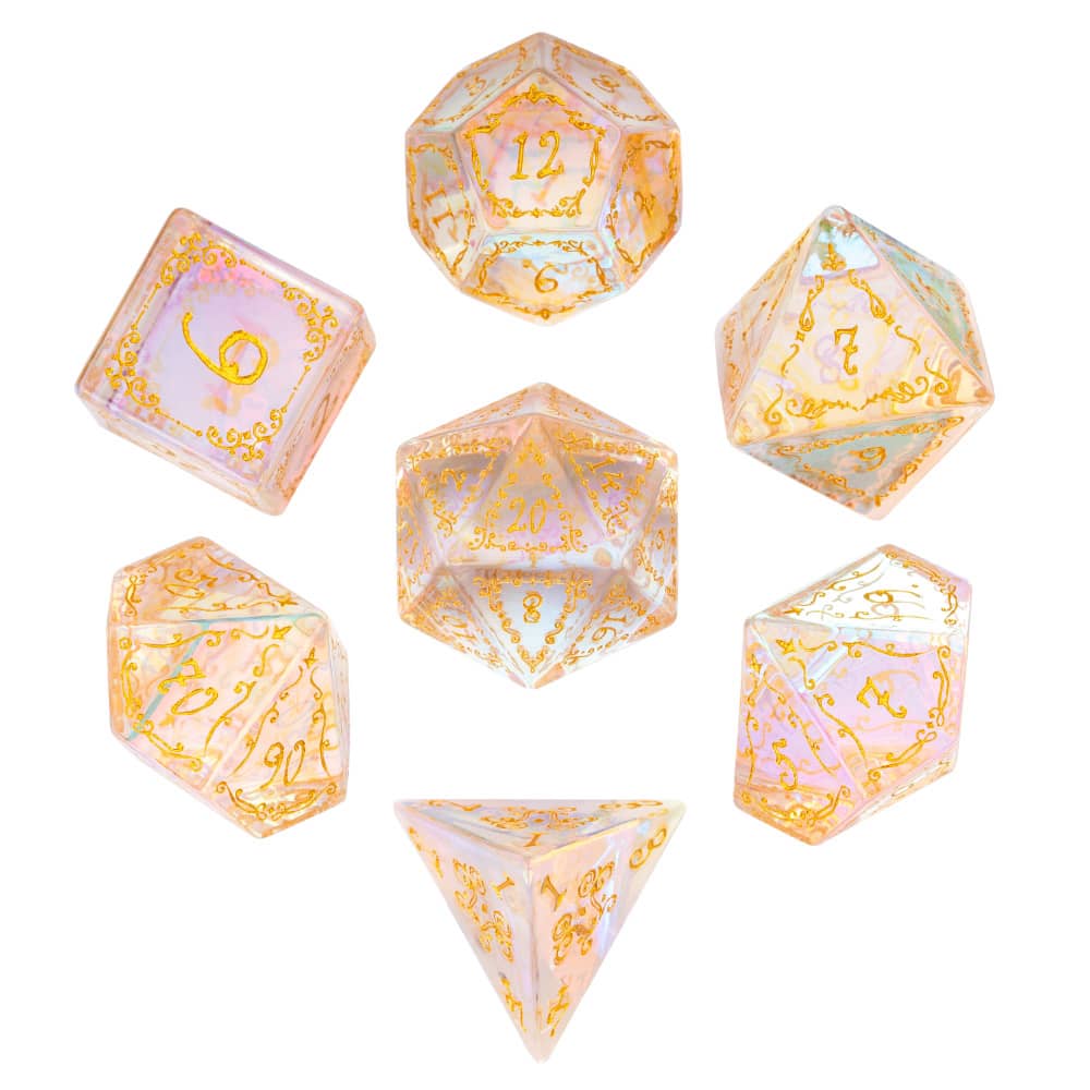 Cusdie Kleurrijke Glazen DND Dobbelstenen 7 Bliksem Edelsteen Dobbelstenen Handgemaakte Polyhedrale Dobbelstenen Set met Lederen Hoesje voor RPG Collectie Cadeau