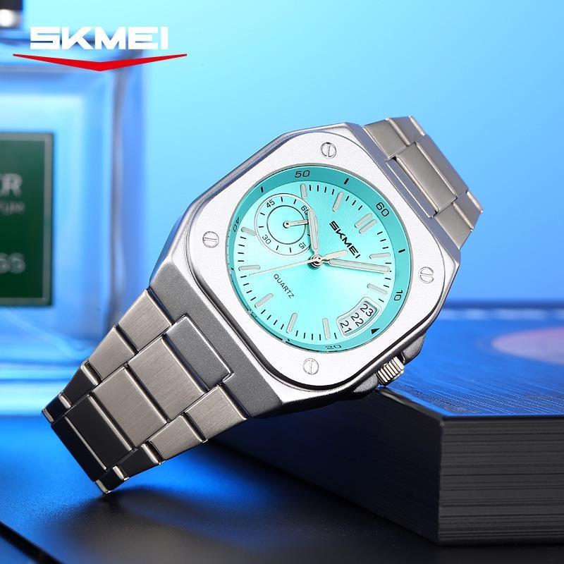 Mens Analog Quartz Wrist Watch Waterproof Luminous Dial Calendar Window Steel Band Square Dress Watches