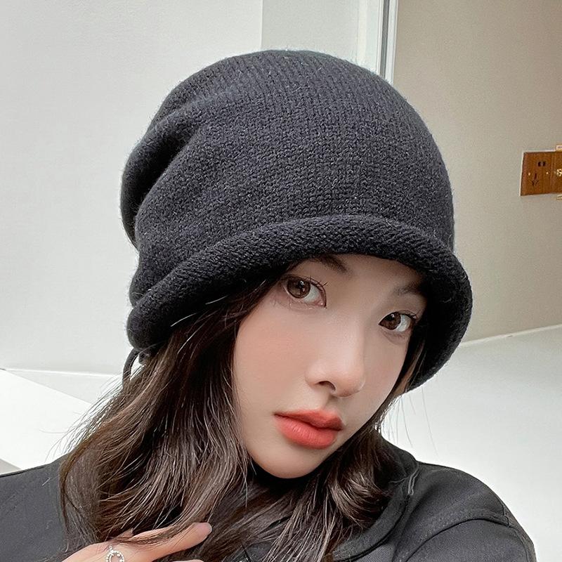 Pullover Hat Girls Drawstring Curling Lazy Wind Stacking Hat Baotou Hat Men's Solid Color Knitted Hat