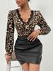New Leopard Print Lace Trim Patchwork Ruffled Neck T-Shirt Top for Women