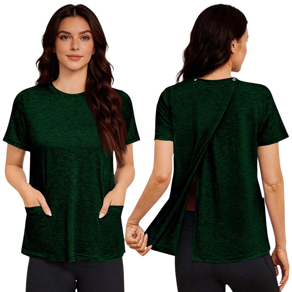 Chemise de couleur à manches courtes post-opératoire pour femme avec fermeture au dos et poche