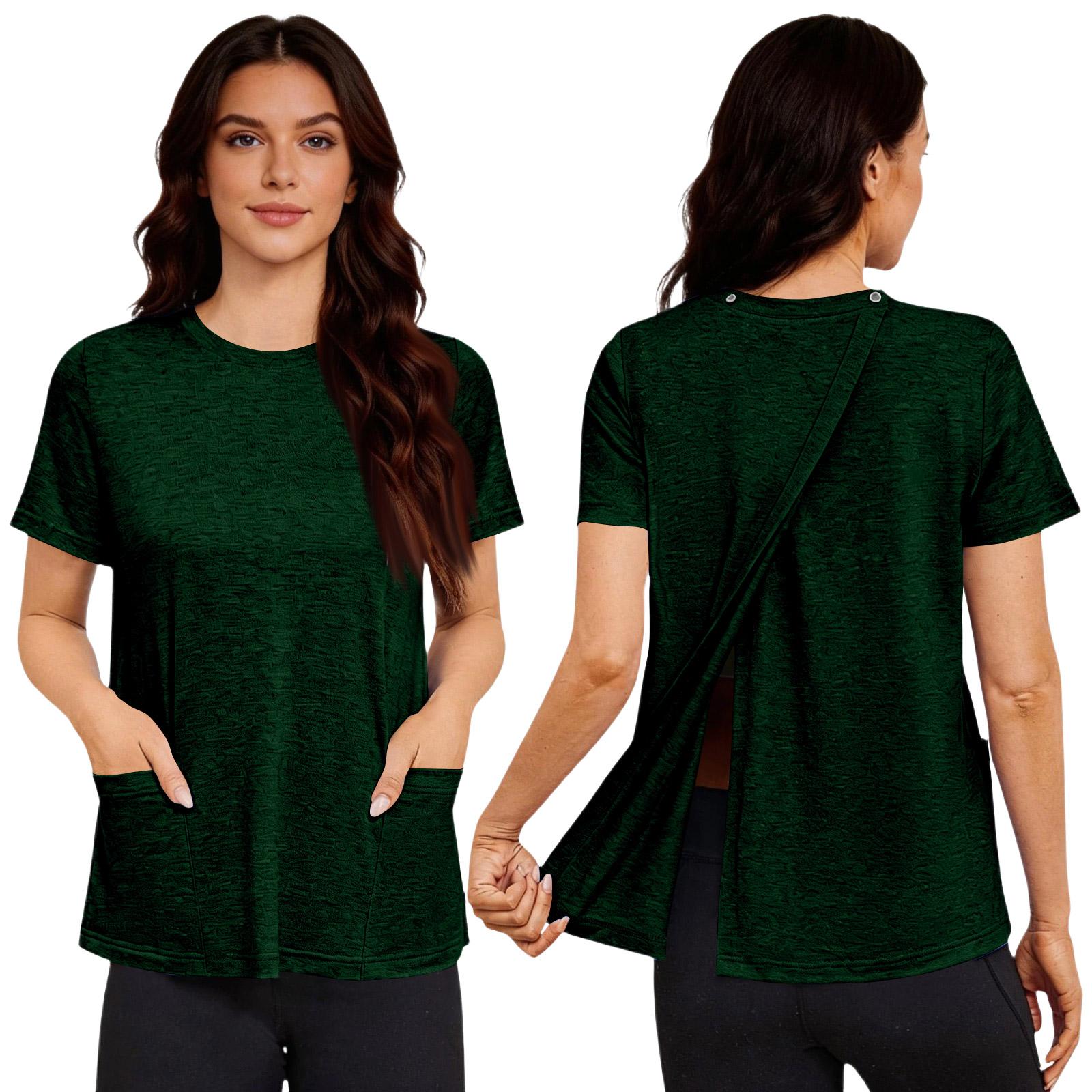 Женская послеоперационная рубашка с коротким рукавом, цветная, с застежкой на спине и карманом L темно-зеленого