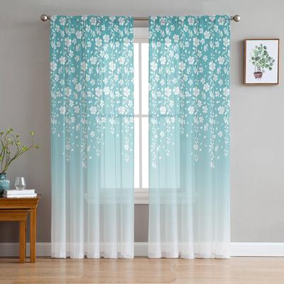 Teal Flower Sheer Voile Curtains For Living Room Bedroom Floral Printed Tulle Window Curtain Luxury Home Balcony Decor Drapes