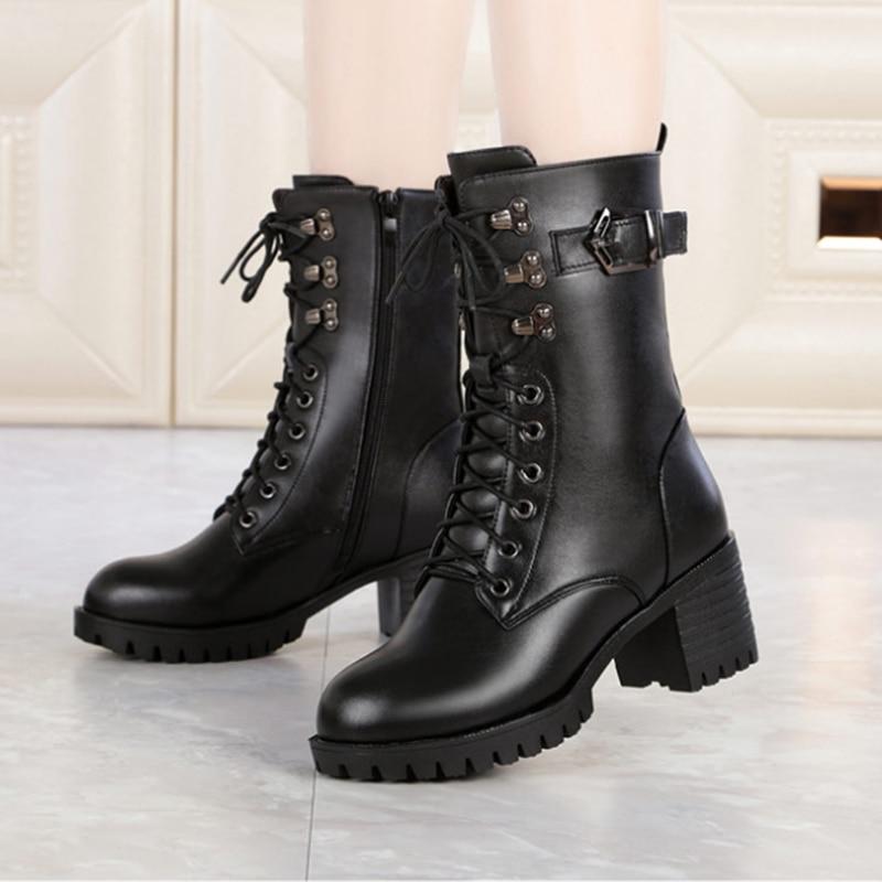 Fashion AIYUQI 2025 Genuine Leather Women Biker Boots Size 41 42 43 Lace Fashion Women Snow Boots High-heeled Thick Wool Boots