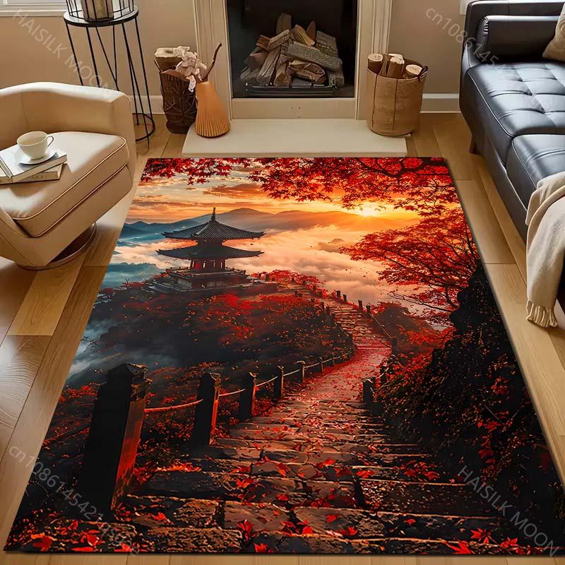 1PC Autumn Temple In Red Leaves Carpet for Living Room Bedroom Sofa Home Decor Rus Non-slip Floor Mat Luxury Gift